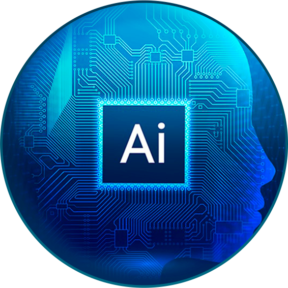 Ícone representando uma cabeça humana de perfil com linhas como um circuito cujo centro possui um chip escrito AI em tons de azul