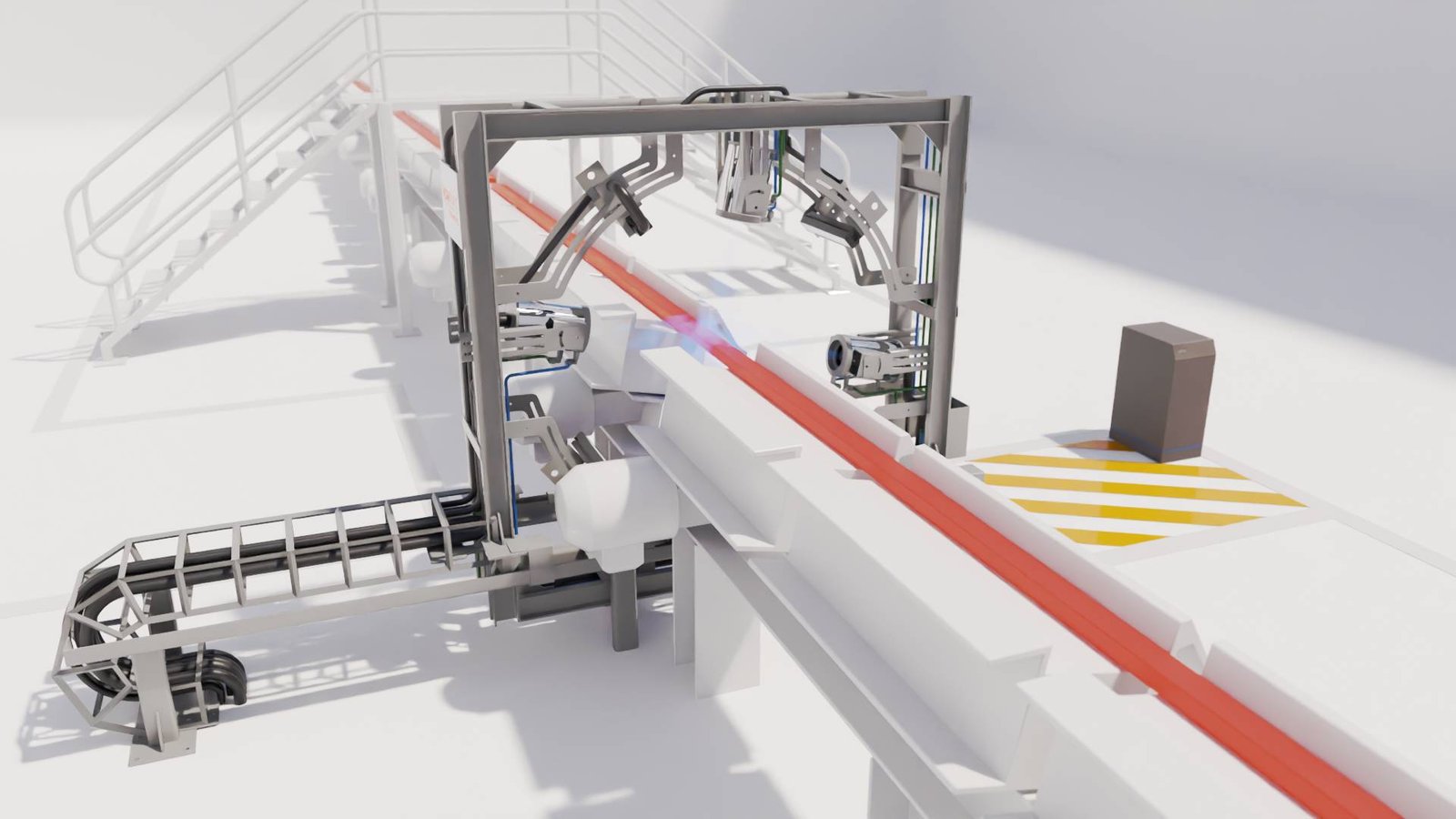 Construção física contendo os cabeçotes de visão que permitem a inteligencia artificial do Vision King inspecionar a produção de aços longos mesmo em altas temperaturas.