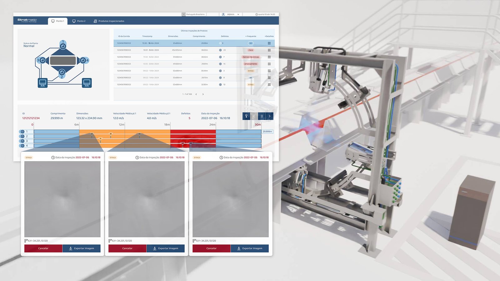 Tela do Sistema de inspeção Vision King em operação em linha de produção automatizada de aços longos